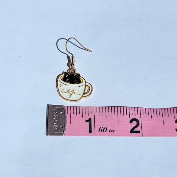 Cats and Coffee Dangle Earrings in Coffee Tea Cup White Black 1.57"  Drop New - Picture 8 of 14